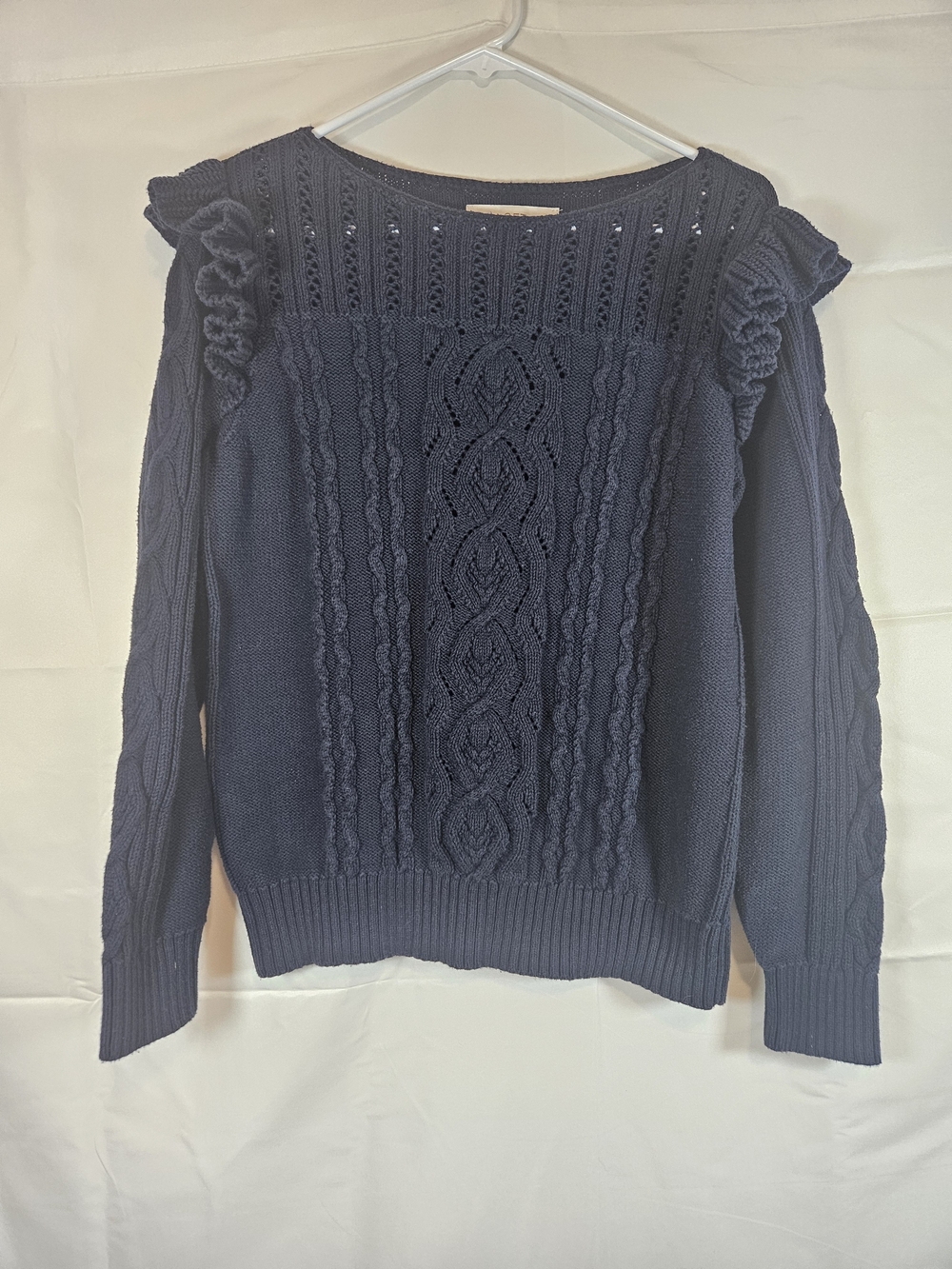 LOFT Navy Cable Knit Sweater with Ruffle Shoulders